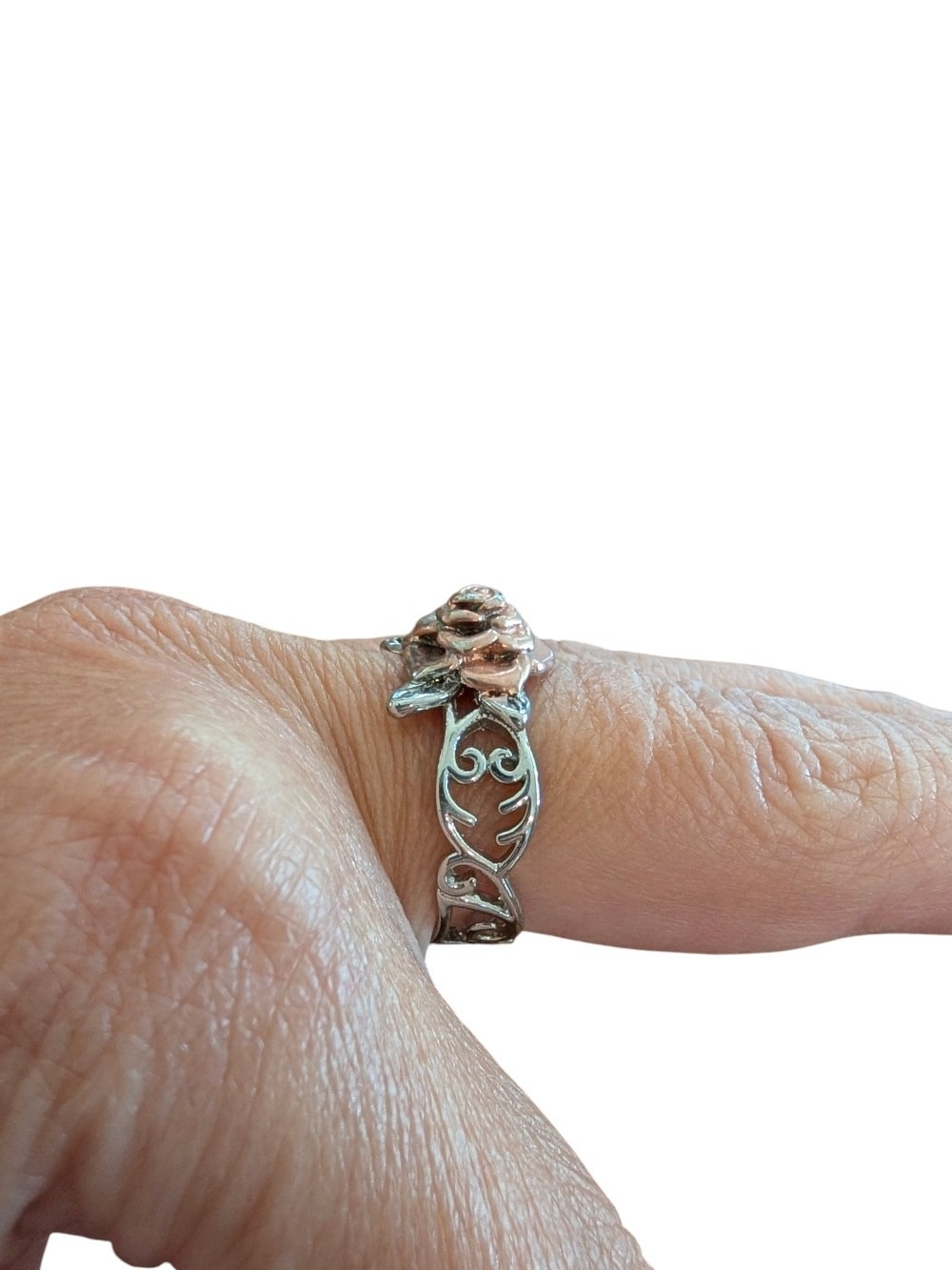 Rose Flower Two-Tone Silver Ring - Picture 2 of 5